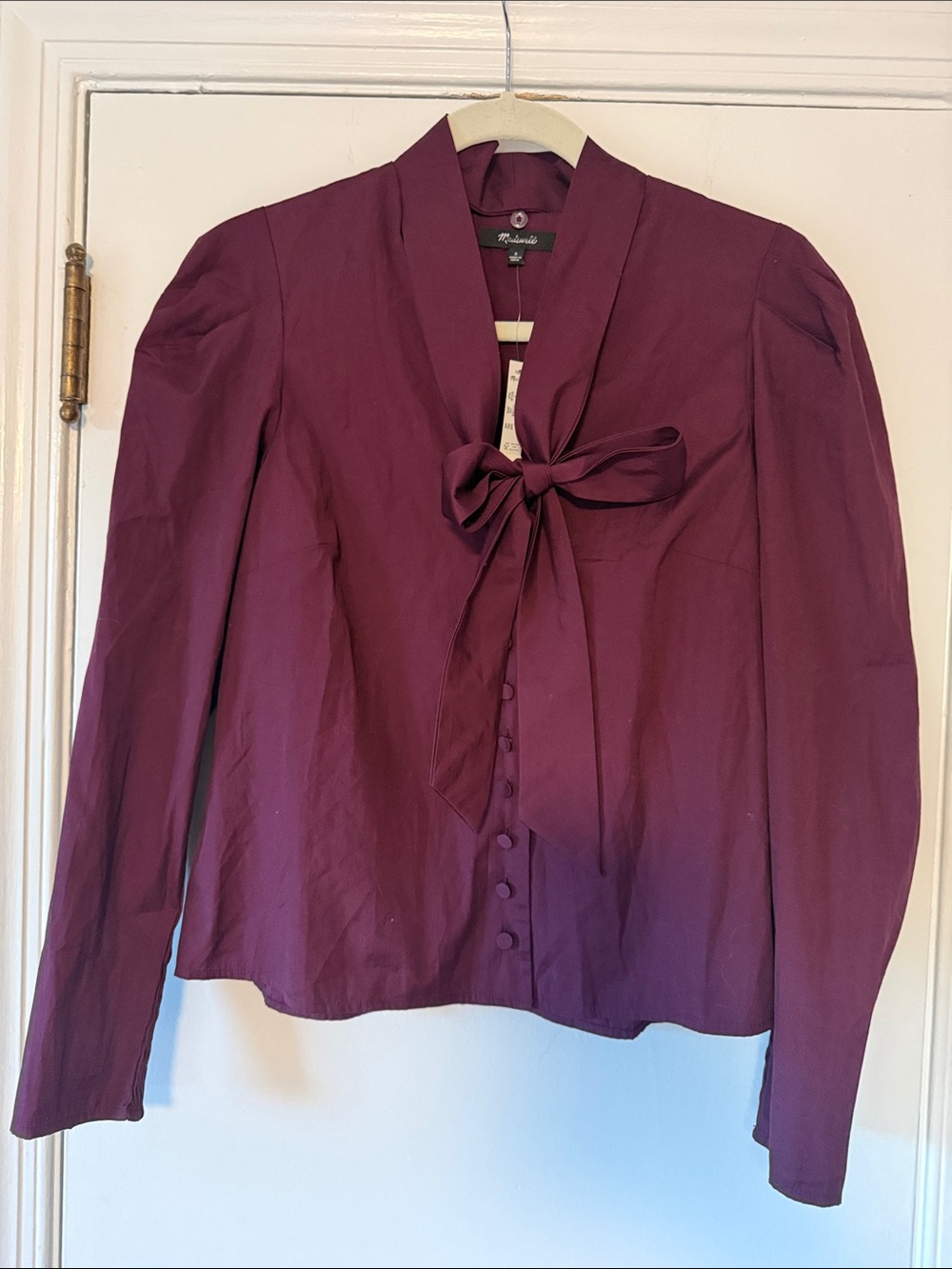 Madewell Plum Cotton Puff Sleeve Tie Neck Button Front Blouse